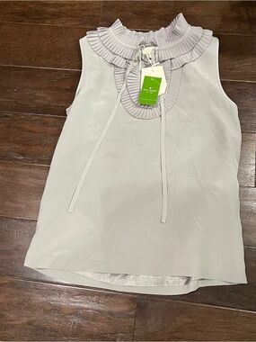 New kate spade silk Sleeveless Pleated Ruffle Neck Top Light Gray Antionette XS